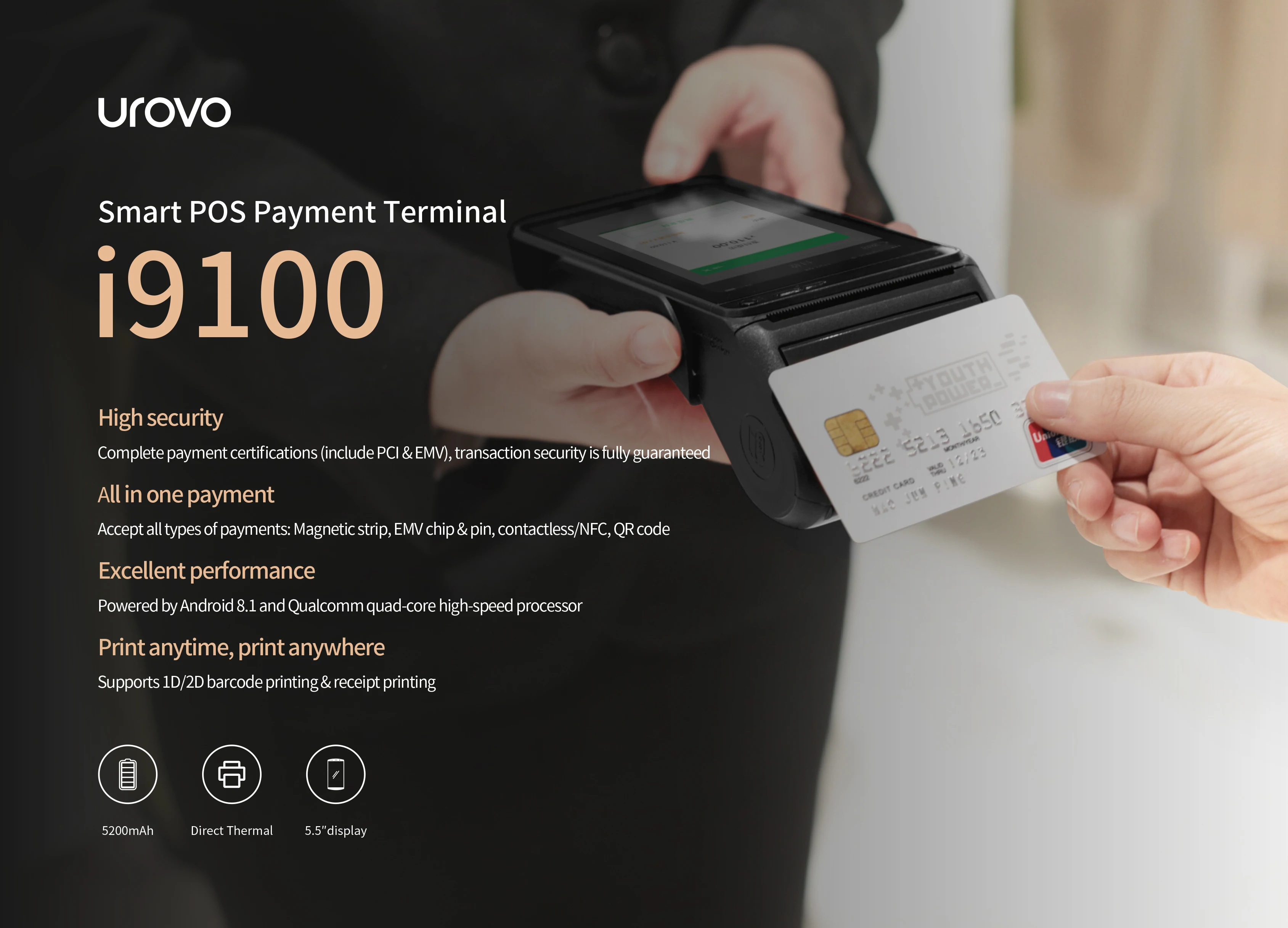 UROVO i9100 Handheld Smart Payment Terminal POS device based on Android 12 support barcode scanning