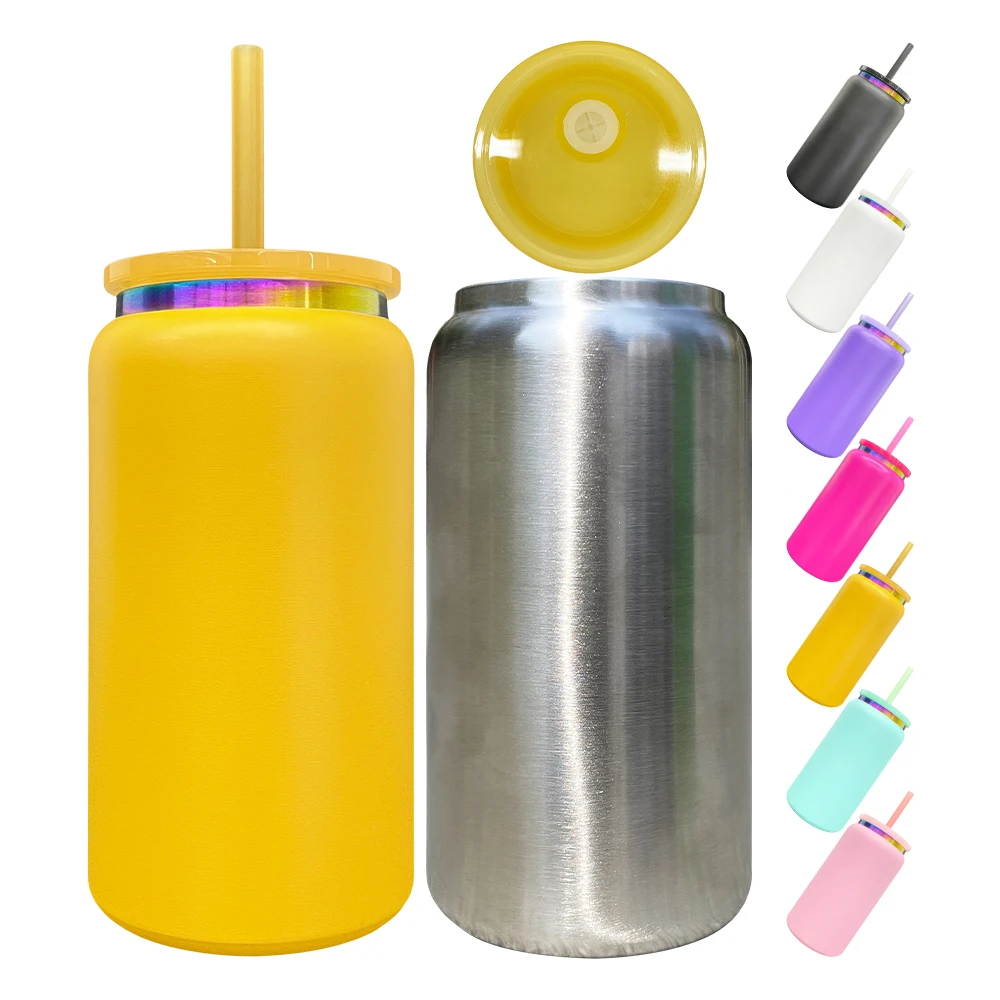 USA Warehouse Rainbow Plated Powder Coated Stainless Steel Double Walled 16oz Soda Beer Can Tumbler Cups for Laser Engrave