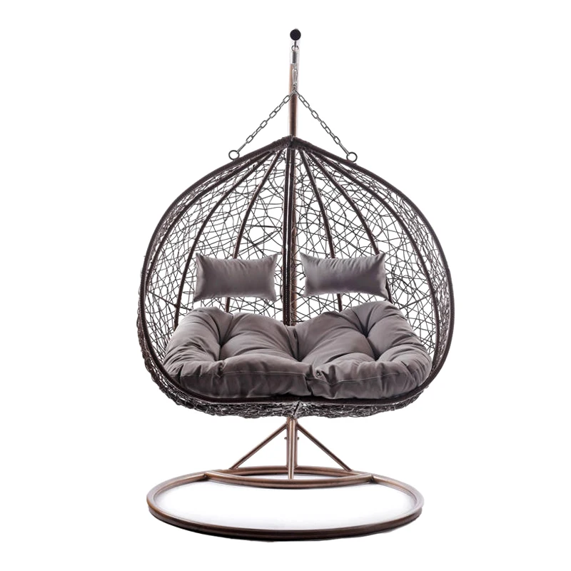 Durable Double Nest hanging chair,PE wicker swing chair,nest swing chair with big cushion and stand for two people