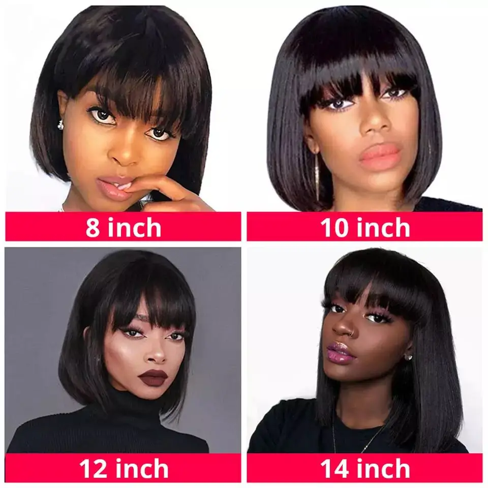 Straight Bob Human Hair Wigs with Bangs Short Brazilian Hair Bob Wigs for Woman No Lace Full Machine Made Human Hair Wigs Long