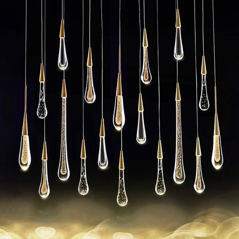 Customizable post-modern cristal led water drop pendant light staircase lamp