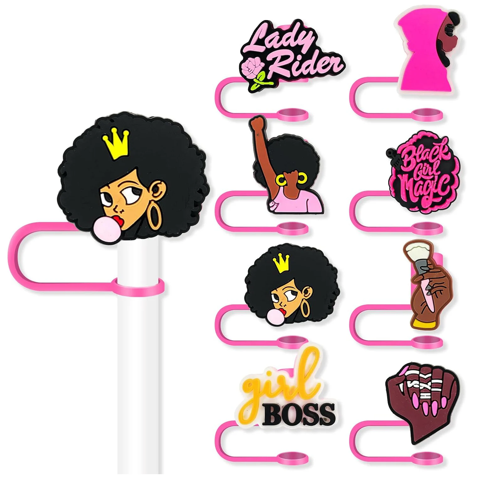 8mm Cartoon Drinking Straws Covers 2.0 Cups Designer Silicone Straw Topper 10mm Mean Black Pink Girl Straw Toppers for Tumblers