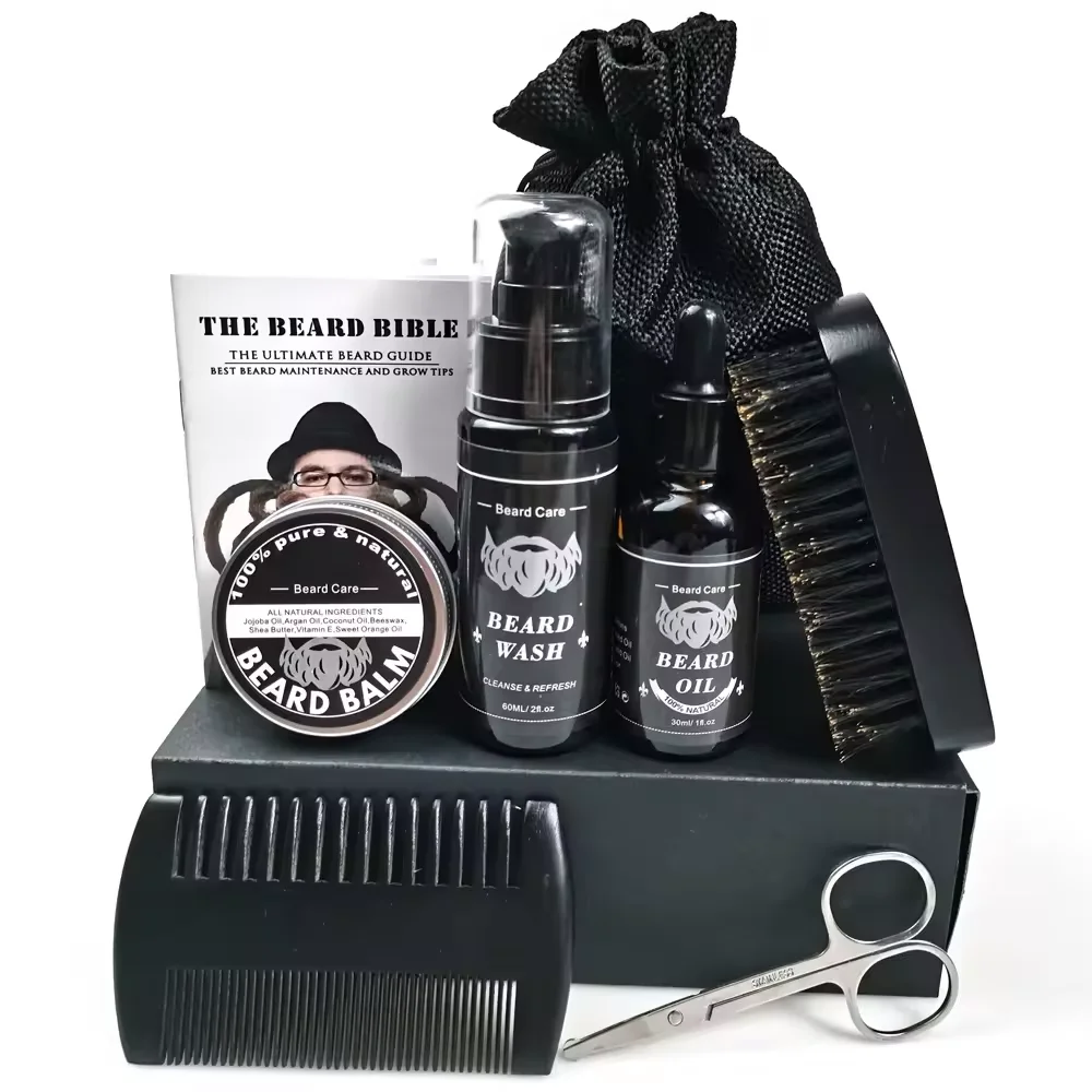Wholesale Private Label Natural Vegan Beard Grooming Kit for Men with Shampoo Wash, Beard Care Oil, Balm, Brush