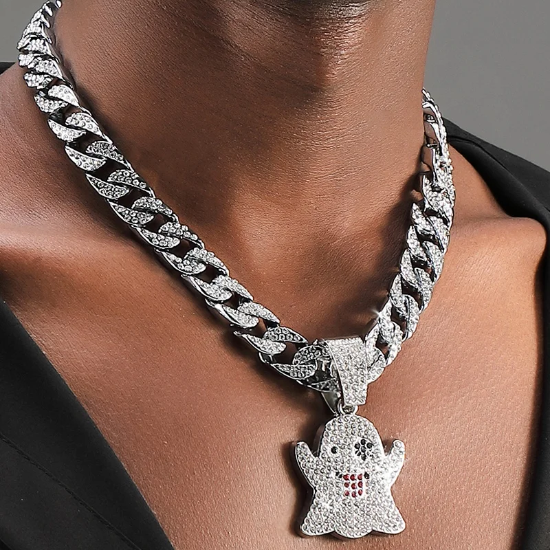 Manufacturer hip hop diamond funny ghost pendant chain gold plating chain necklace pendant for men jewelry