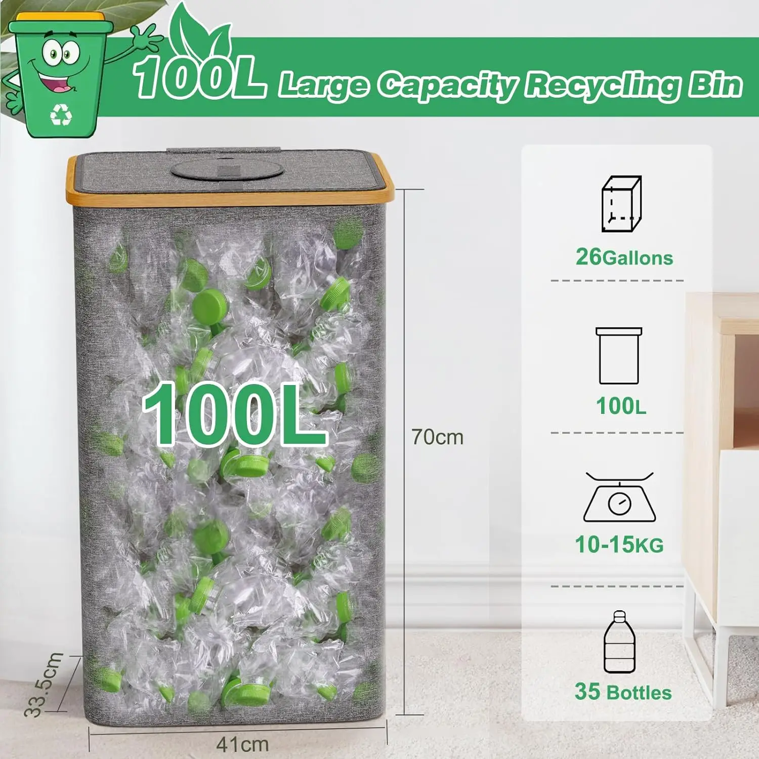 Custom 100L Bamboo Grey Kitchen Recycling Bin Deposit Bottle Storage Bottle Collection Container with Lid Removeable Inner Bag