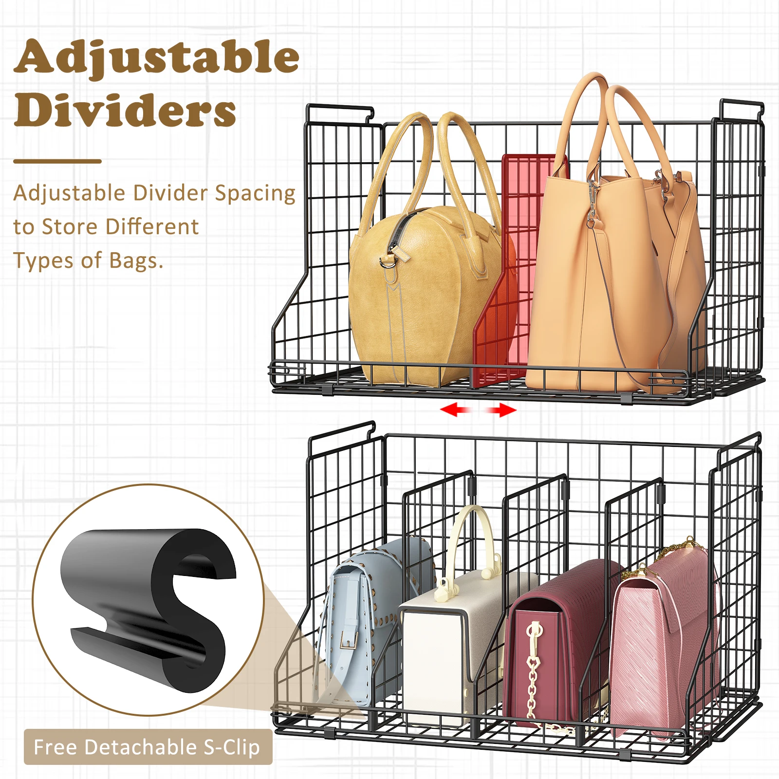 Hot sale Adjustable Dividers Closet Purse Organizer metal wire black storage basket for Wallets Tote Chain Bags Clutches