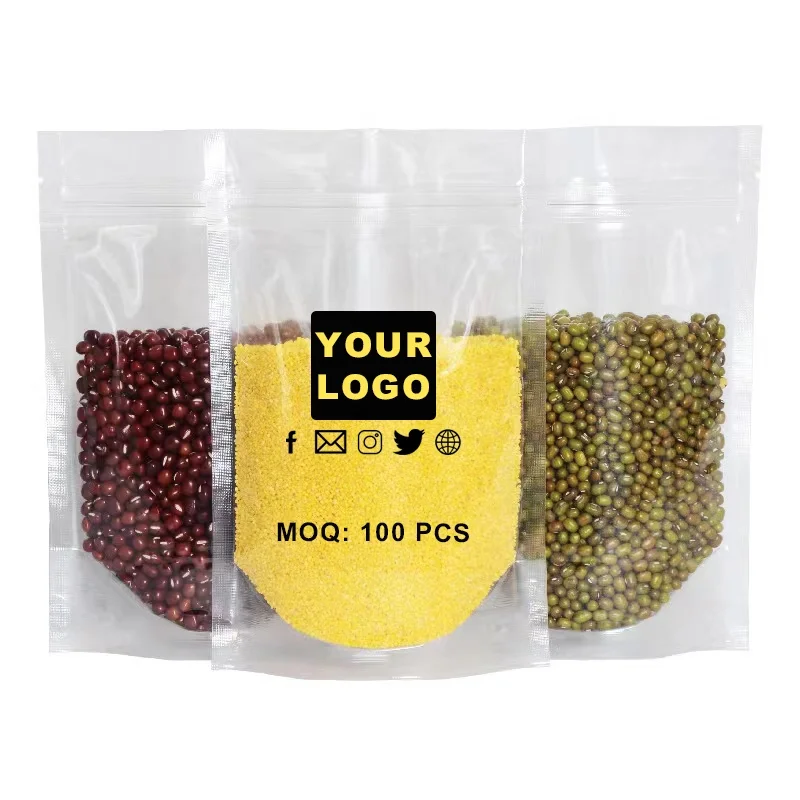 Logo printed flat bottom clear resealable plastic zipper bag for food primary products packaging