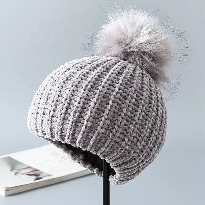 real factory made High Quality chenille winter hat women beanie with pompom for women girls female