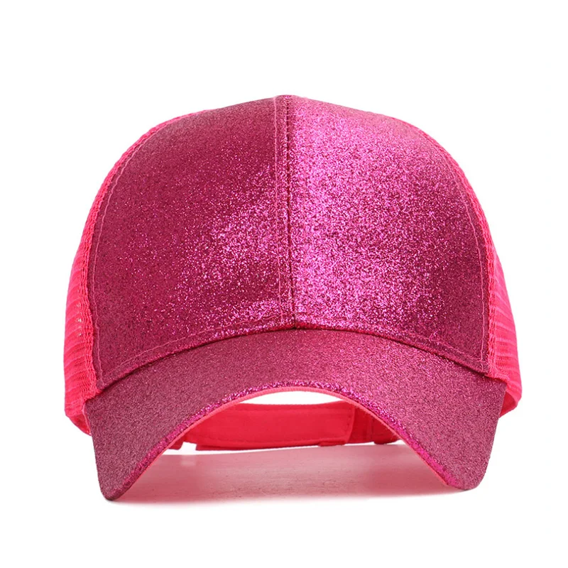 High Opening Sparkle Gold Ponytail Hat Glitter Mesh Trucker Cap With Pony Tail Hole For Women