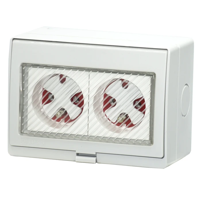 Outdoor Plastic Waterproof box  industrial plug and twin switches, IP55 EU Wall SCHUKO sockets Waterproof box