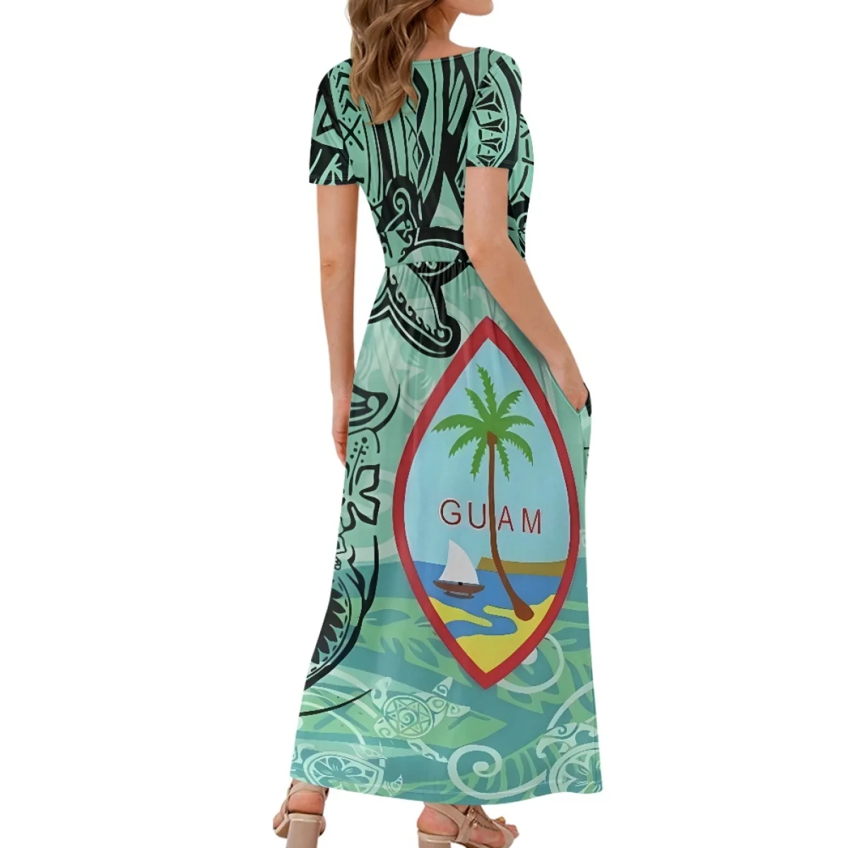 Custom Guam Flag Dresses With Pockets Women Polynesian Tattoo Design Deep V-neck Dress Summer Short Sleeve Party Dres Wholesale