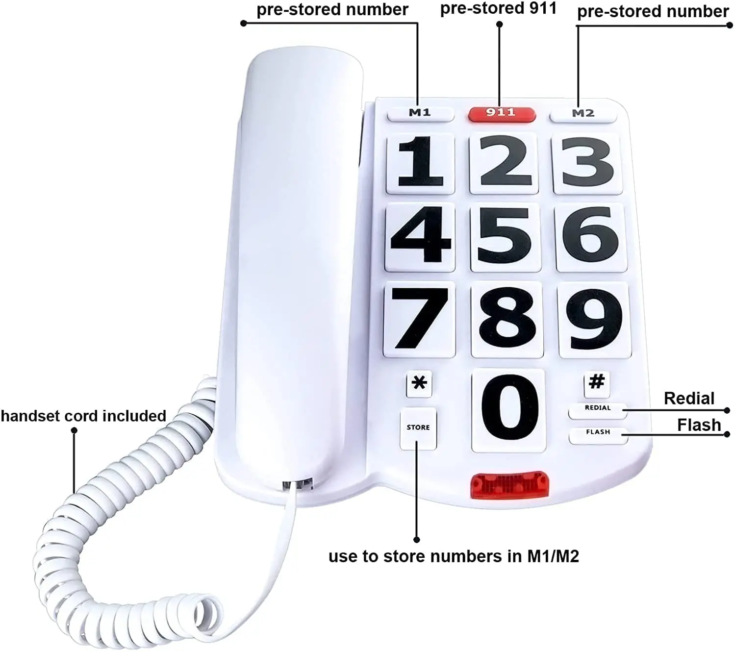 easy to read sos large number white corded hands free home phone telephone large display with photo fixed landline desktop phone