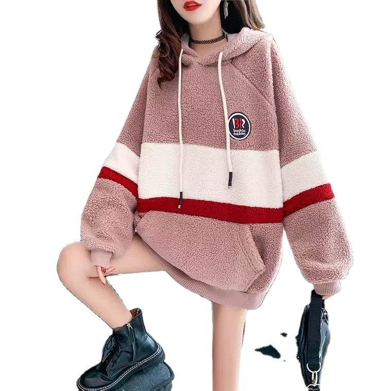 
Lamb wool hooded sweater women autumn and winter plus velvet loose Korean style lazy wind thick top coat 