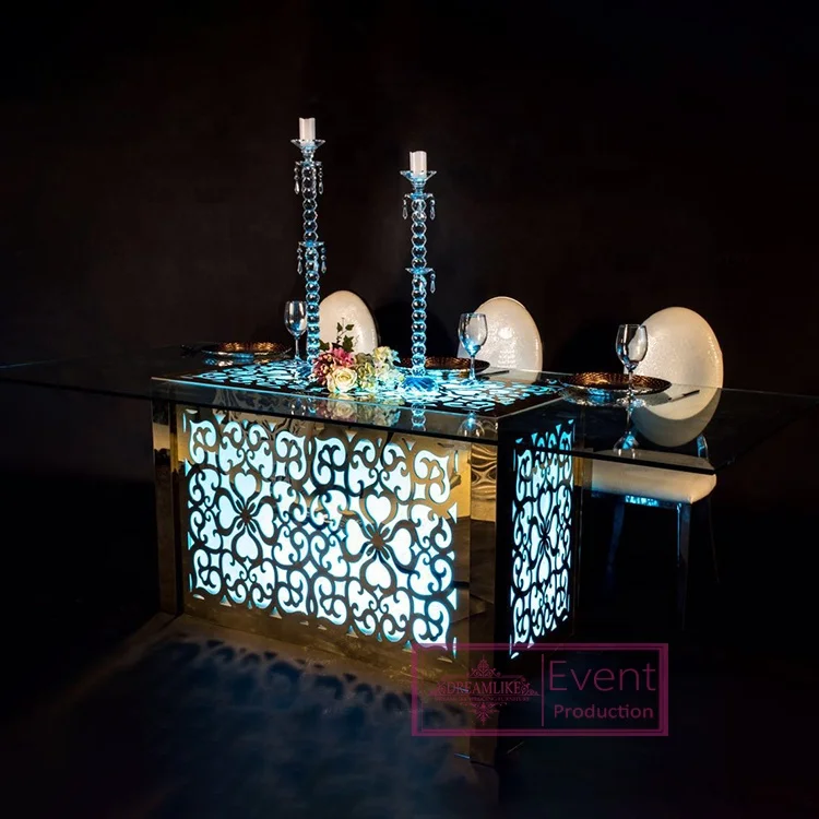 16 colors led lights glass top floral pattern stainless steel base party table and chair