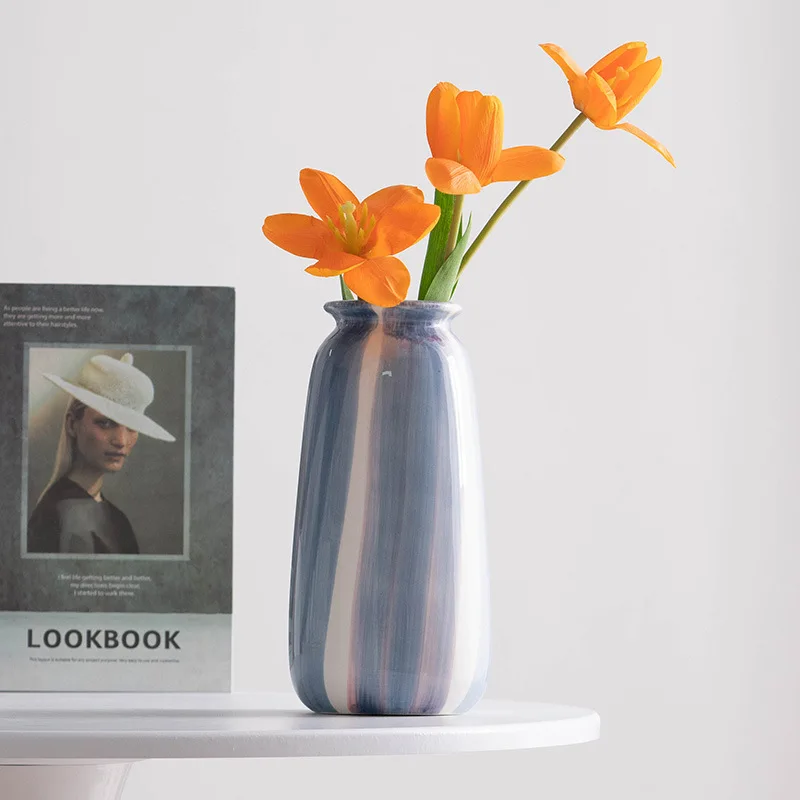 INS hand-painted blue ceramic vase Modern light luxury ceramic ornaments home decoration dried flower vase