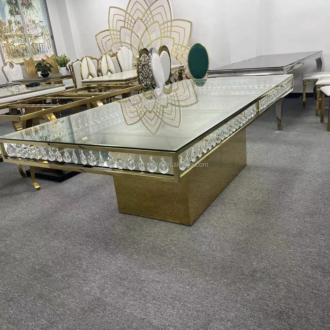 Wedding mirror glass rectangular crystal gold stainless steel dining luxury mirror glass table for event