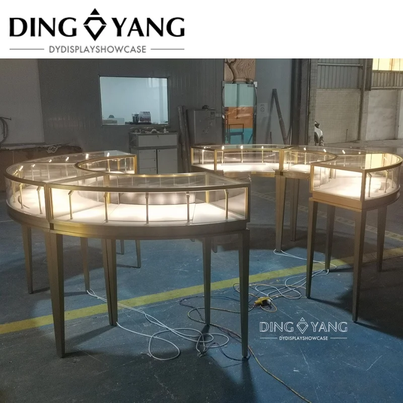 Factory Custom Made Luxury Hairline Golden Jewellery Display Showcase,Luxury Jewellery Showcase For Sale