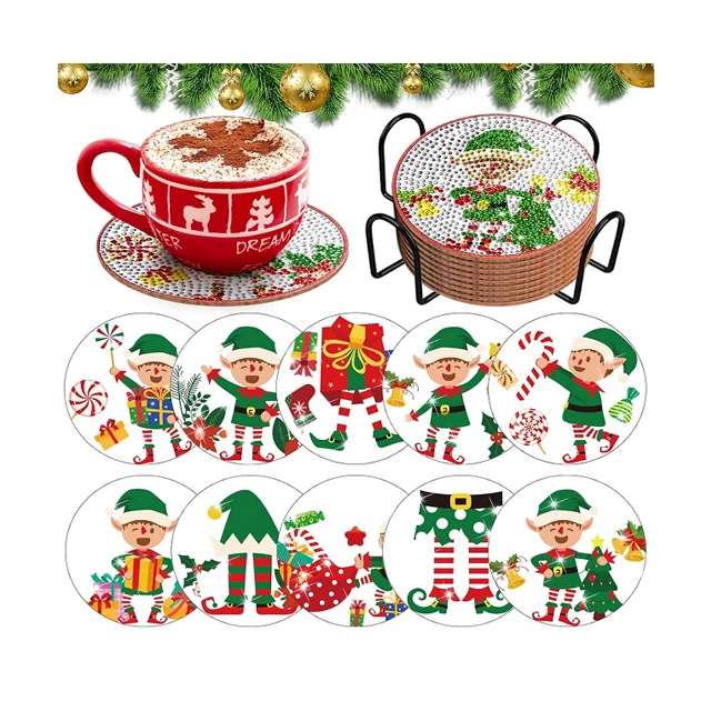 Custom Art Coasters Adult Painting Coasters Children Art Crafts Gifts Christmas Elf DIY Diamond Painting Coasters 10-Piece Set