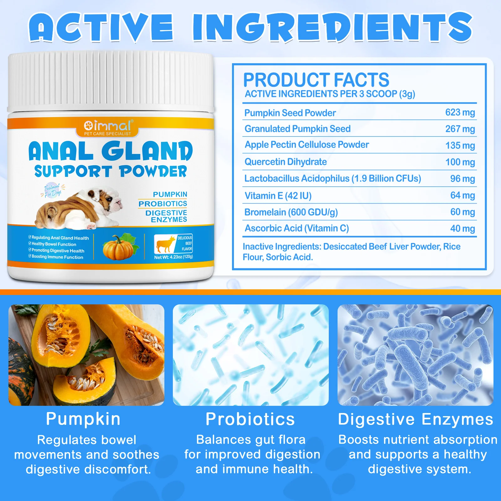 Oimmal Wholesale Pet Fiber Supplements Anal Gland Powder for Dog Digestive Health with Pumpkin Digestive Enzymes Probiotics