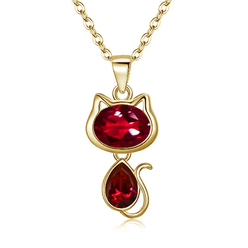 2024 Hot Sale Mimi Love Cat Pendent Oval Pear Cut Moissanite Lab ruby sapphire emerald 10K Yellow Gold Necklace