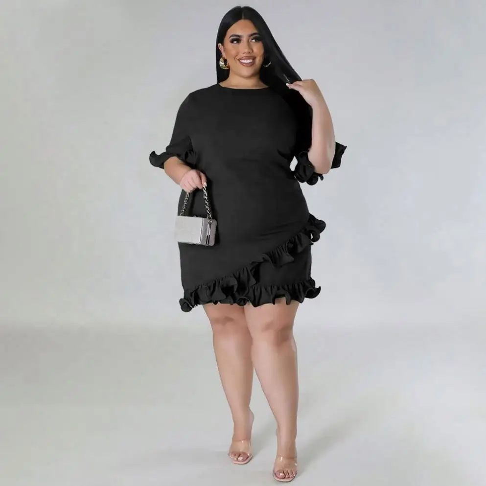 Hot Sale   Fast Shipping Plus Size Dress Casual & Formal Mini Dresses Short Ruffle Sleeve Crew Neck For Fat Ladies