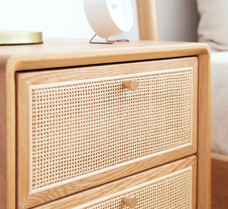 Amazon best selling free sample Factory Supplier Wooden Storage Side Table With rattan drawer for bedroom