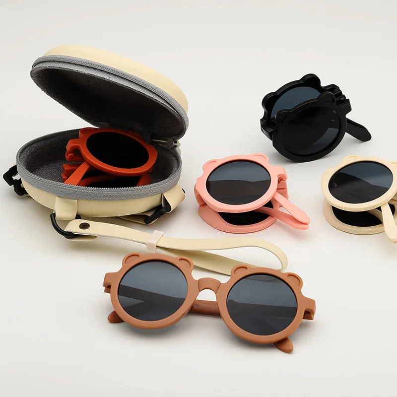 2024 Summer Trendy Fashion Kids Sunglasses With Case Anti UV For Children Funny Cute Bear Glasses Frames Kids Folding Sunglasses