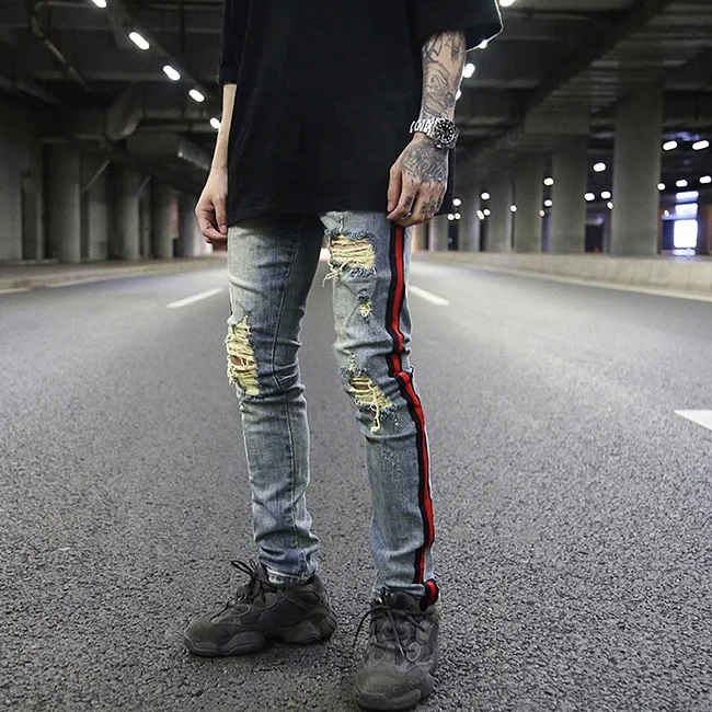 
OEM vintage washed stock dropshipping ripped distressed men track skinny denim jeans pants 
