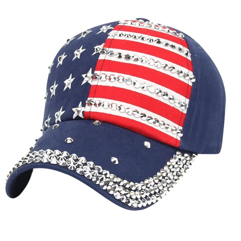 New Design Rhinestone America Flag Hat Casual Diamond USA Baseball Hat