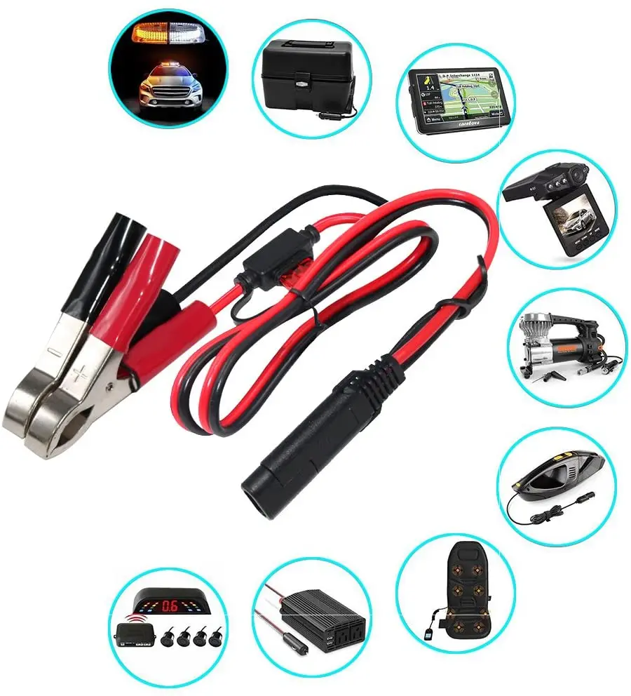 1.5FT 12V Battery Alligator Clip to SAE 2 Pin Quick Disconnect Cable SAE to Battery Clamp Cable 7.5A Fuse