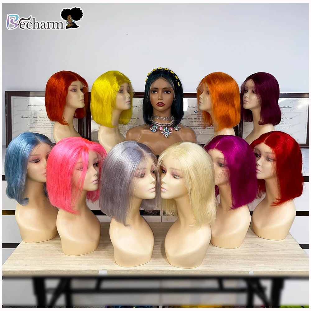 Wholesale Prices Brazilian Colorful Short Bob Lace Wig Human Hair Straight 4x4 13x4 Color Bob Wig With Bangs For Black Women
