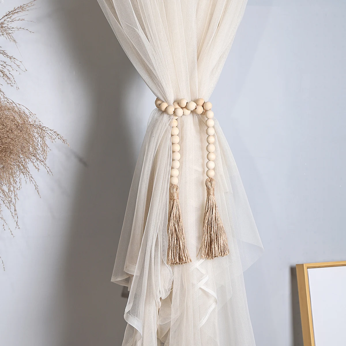 Macrame Wall  Decoration for Curtain Boho  Wooden Beads Ornament Farmhouse Beads 19.68in Wood Bead Garland with Tassels