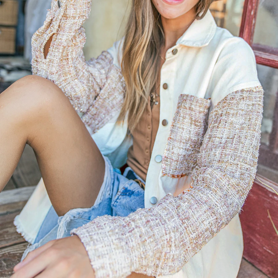 Новая осенняя и зимняя модель Лоскутная рубашка джинсовая куртка с отложным воротником Повседневная Свободная рубашка женская блузка с длинным рукавом Топы