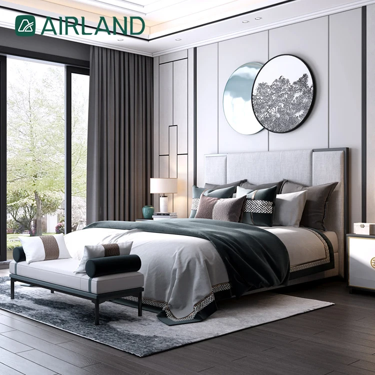 Cotton linen ebony wood furniture star hotel bed modern solid wood double bed