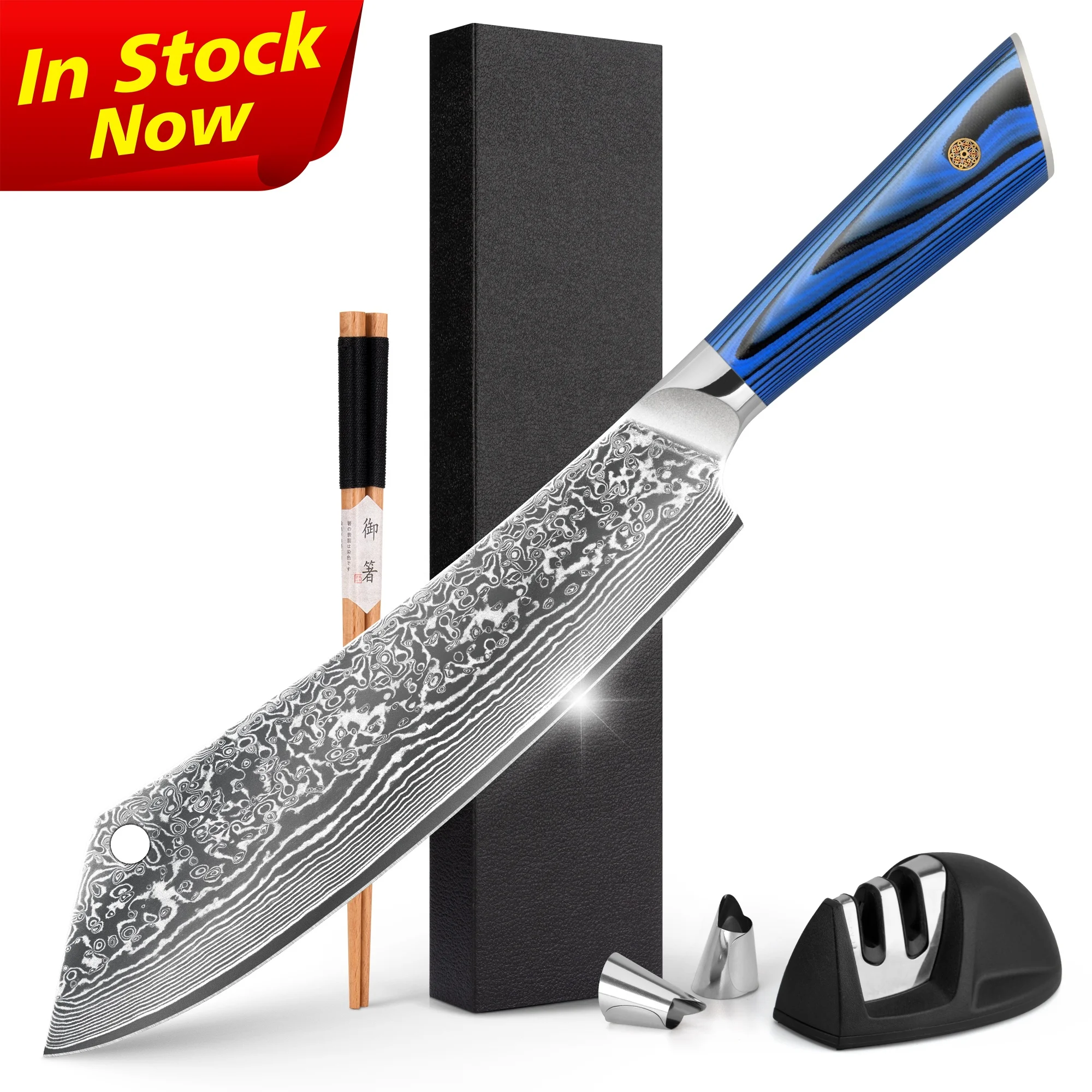 10% Off Custom Logo Blue G10 Handle 9.5 inch damascus knife slaughtering a goat in Amazom Top Selling List