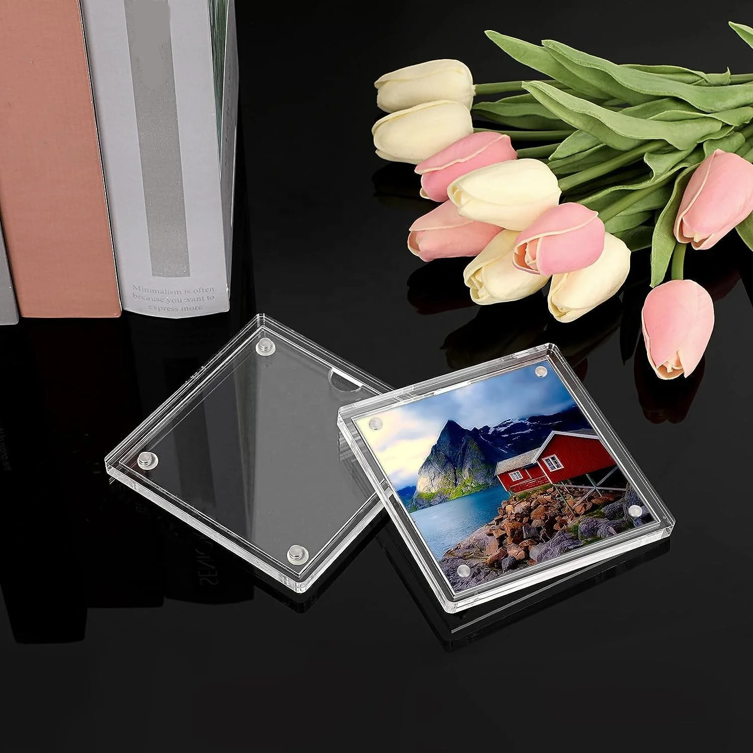 HQ Customized Acrylic Coaster Crystal Photo Frame Coaster DIY Picture cup Coasters set with holder for Coffee Table Restaurant