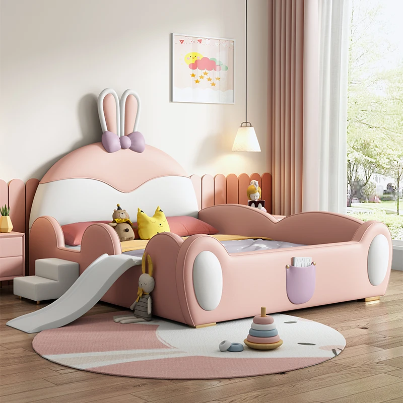 Modern Simple Rabbit Princess Bed for Kids 1.5m Bed with Guardrail Silicone Leather Bed Children Babies Bedroom Hotel Made Wood