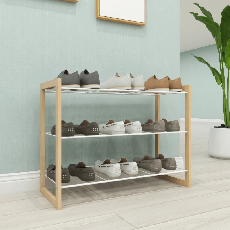 4-Tier shoe rack wooden, Industrial Shoe Storage Organizer with 3 Metal Mesh Shelves, Ideal for Entryway, Hallway, Bedroom