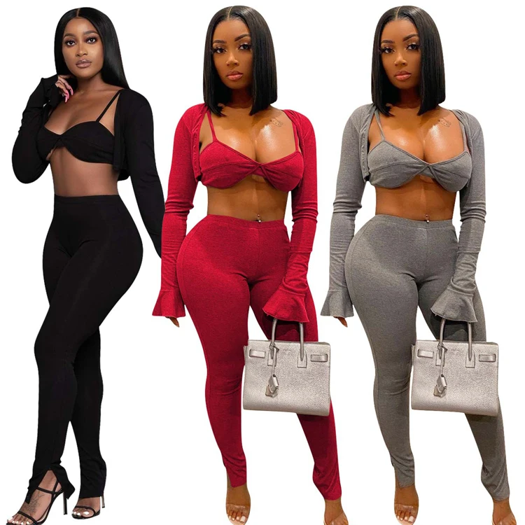 New Arrival Women Fall Clothes Womens 3 Piece Outfit Cardigan and Long Pants 3 piece set
