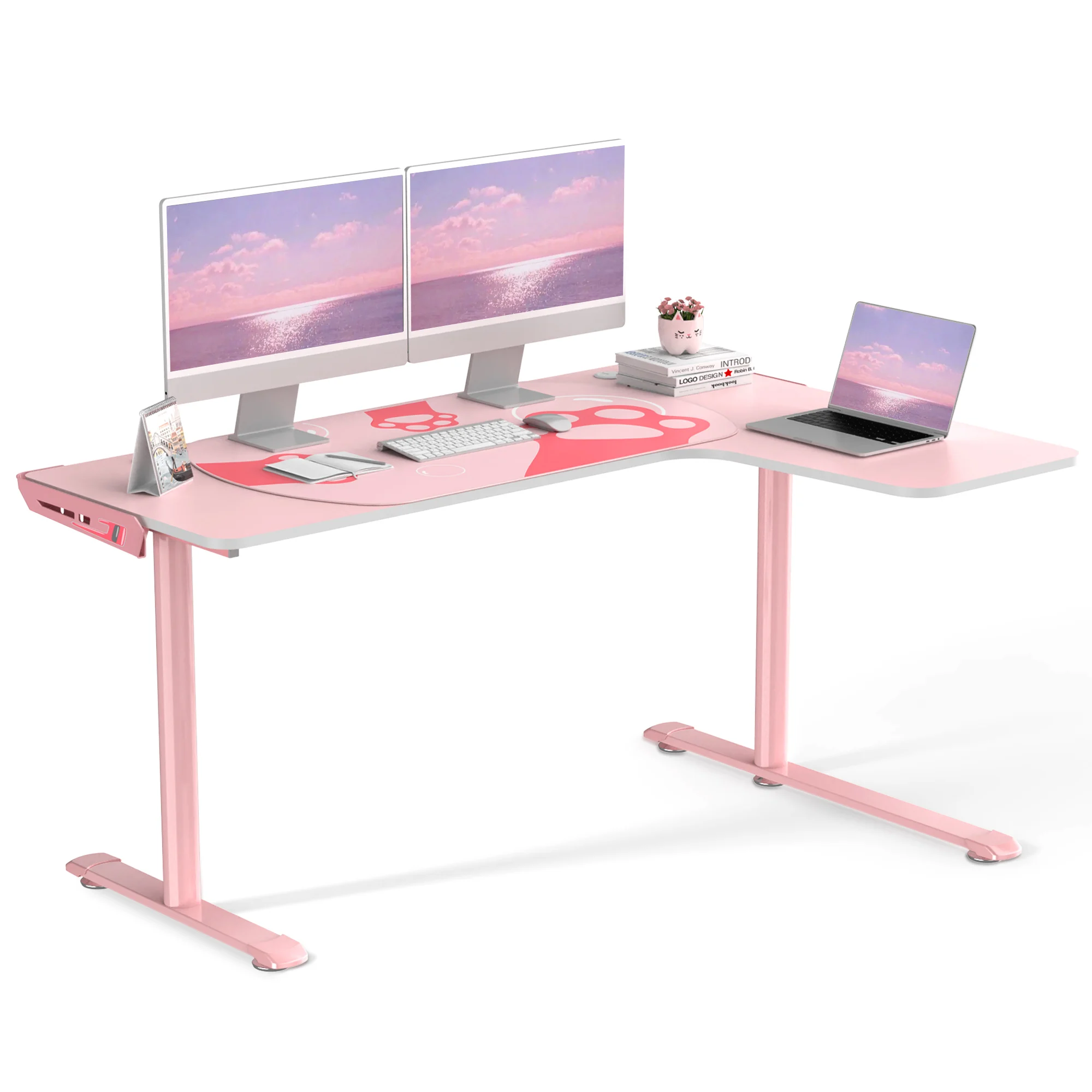 Computer Desk Modern Pink 2 Monitor gaming desk RGB Reversible L-Shaped Gaming Desk