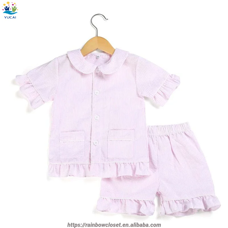 Children Girls Custom Design Ruffle Collar Shirts and Pants Set Kids Gingham Cotton Vintage Home Sleep Wear
