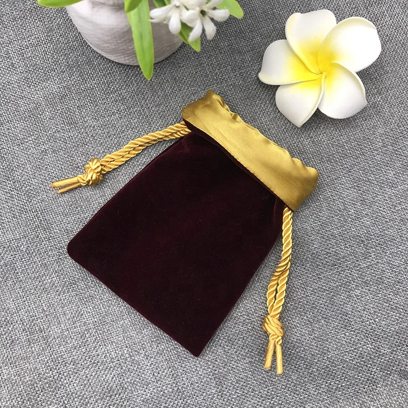 Recyclable Custom Logo Size Double Layer Gold Satin Inner Plush Outer Pouch For Gift Packaging