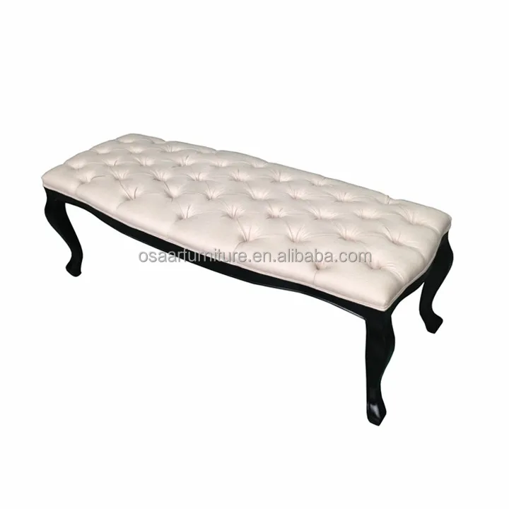 Antique Linen Fabric Tufted Black Wood French Country Style Bench