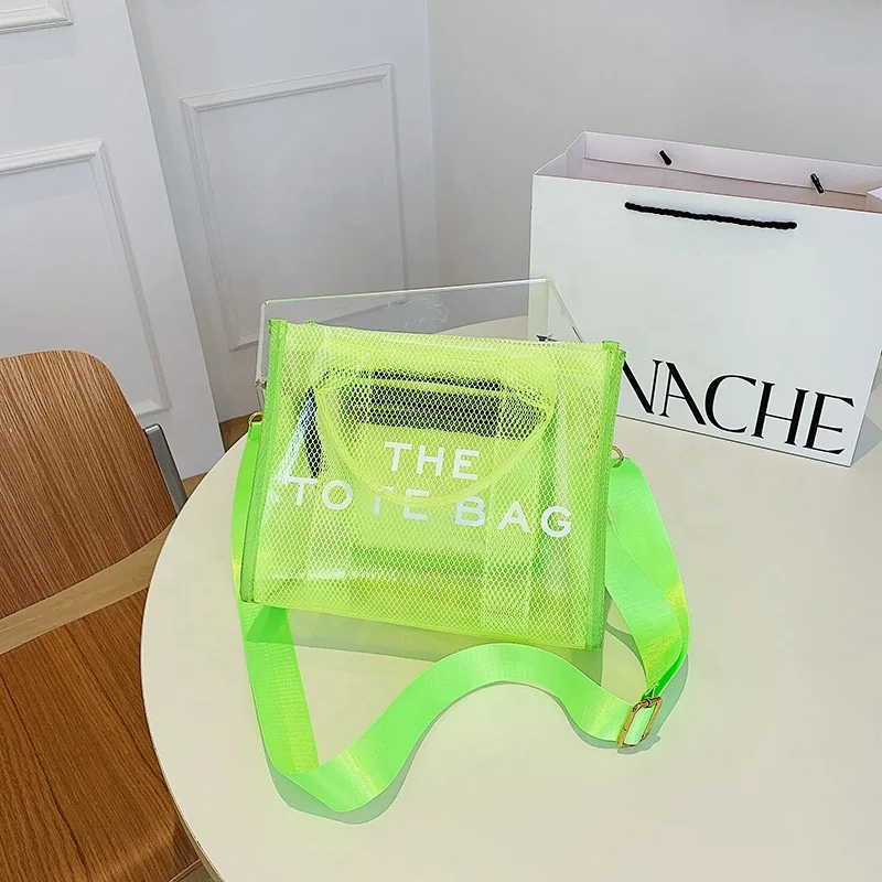 OEM custom logo clear jelly pvc mesh net beach travel tote shoulder bag EVA net women handbag