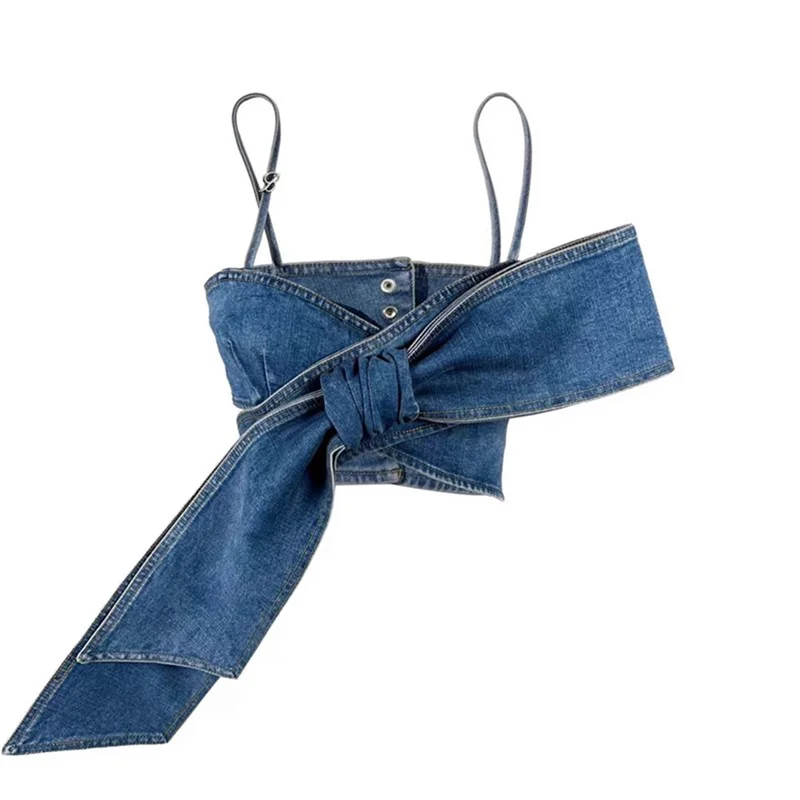 New retro personality stereo bow tube top vest old denim strap tops for women