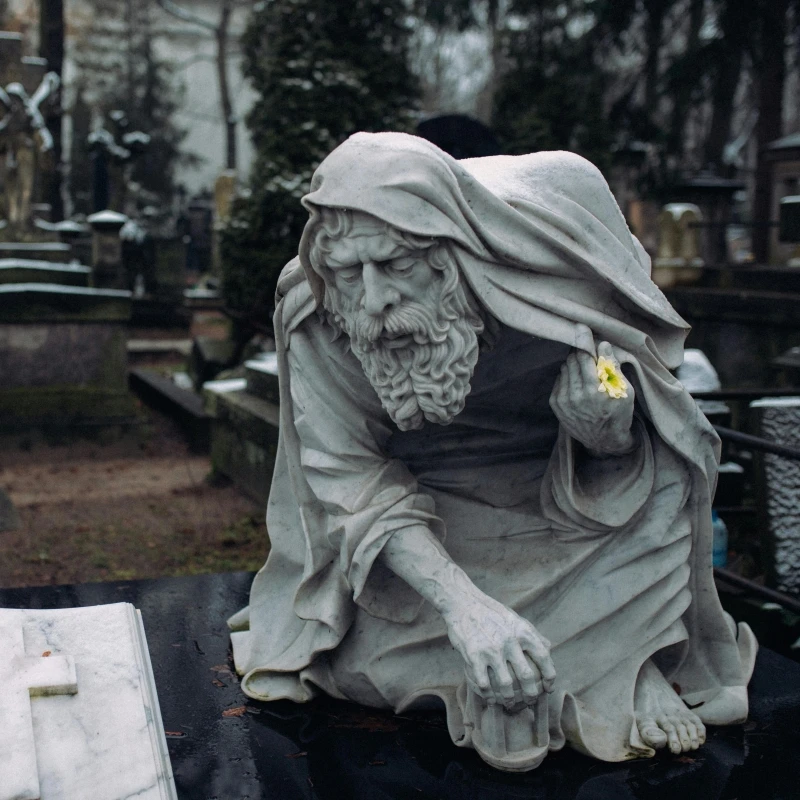 Sad Woman and Man Garden White Marble and Granite Human Statue Deco