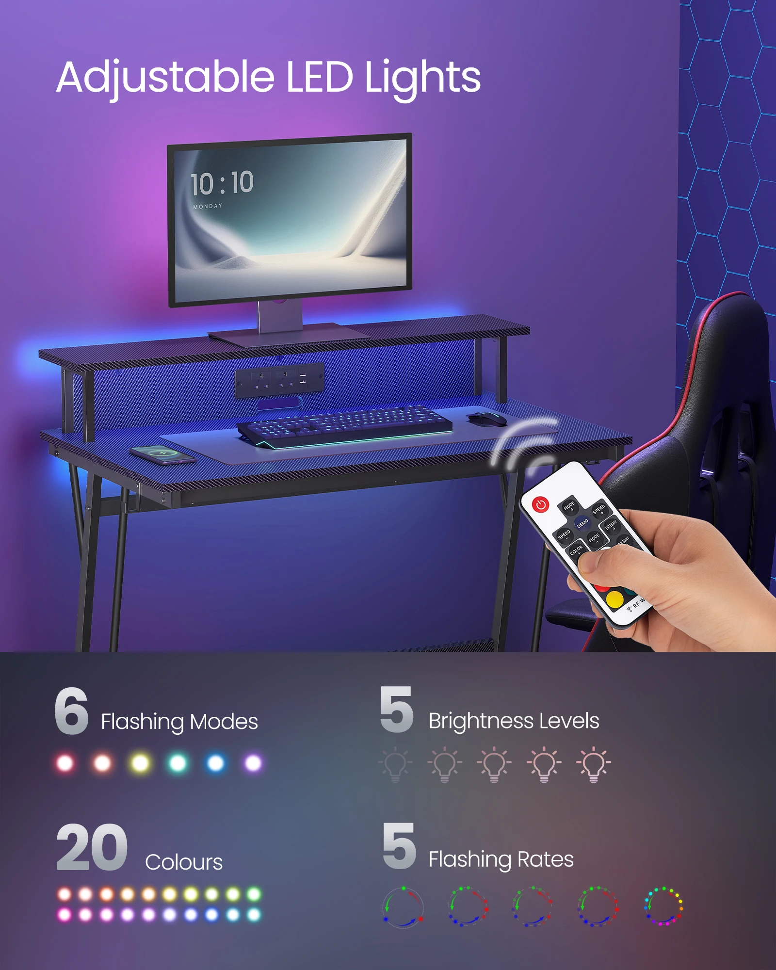 VASAGLE Carbon Fiber Surface Black Gaming Desk with LED Lights Ergonomic Computer Desk with Monitor Shelf