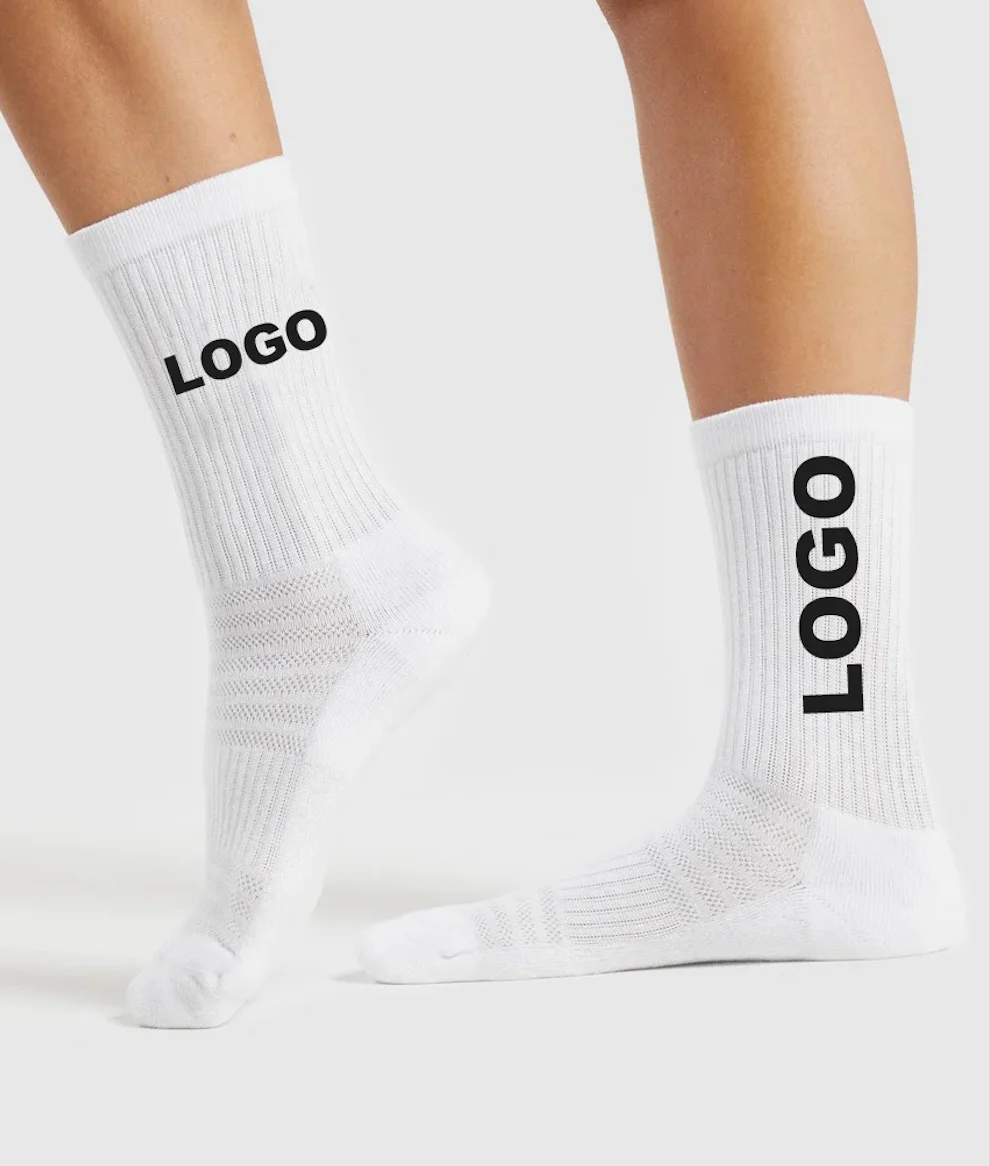 Custom Logo Mens White Socks Cushioned Sport White Logo Cotton Socks