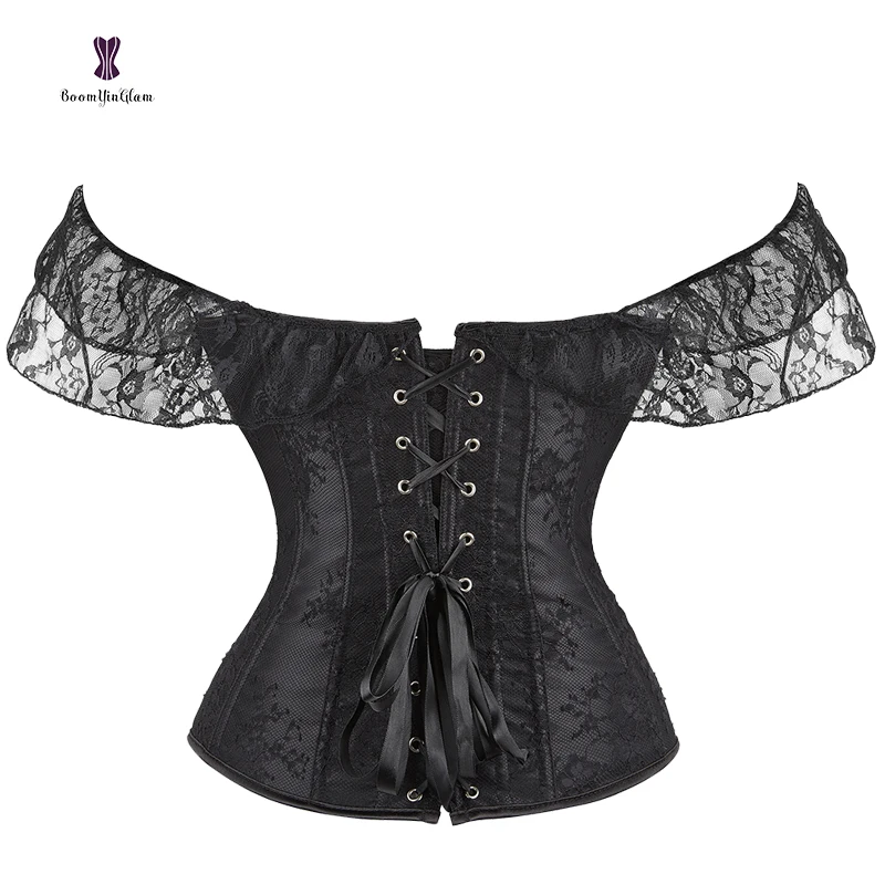 Ready to ship Vintage Overbust off Shoulder 12 Steel Bones Black bustier Shapers Lace Corset With G string for women