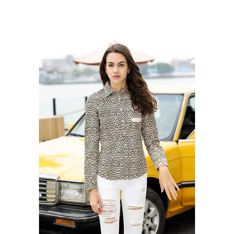 Cheapest factory price women leopard vintage button  long sleeve blouse